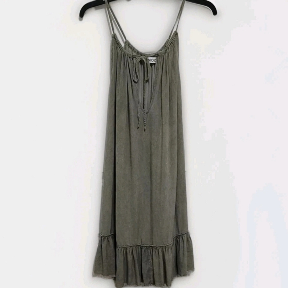 MOD Womens M Boho Sleeveless Tie Neck Fray Ruffle Hem Babydoll Dress Fairygrunge